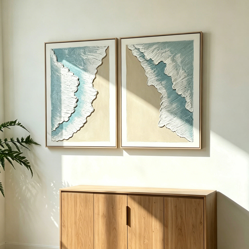 Framed Ocean Wave Wall Art, Set of 2 Textured Canvas Paintings, 25 x 33 In, Aqua Blue and Beige Coastal Decor