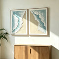 Framed Ocean Wave Wall Art, Set of 2 Textured Canvas Paintings, 25 x 33 In, Aqua Blue and Beige Coastal Decor