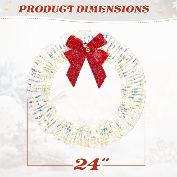 24 in Pre-Lit Christmas Wreath, Iridescent Metal Frame With Red Bow and 84 Warm White LED Lights, Indoor Outdoor Door Decor