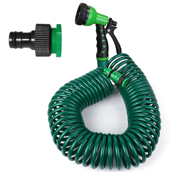 Coiled Garden Hose With 7-Pattern Spray Nozzle, 65.6 ft Self-Coiling Green Water Hose With Faucet Adapter