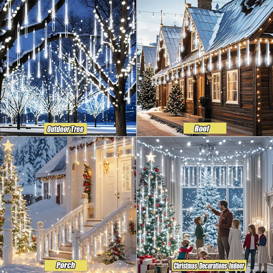Meteor Shower Lights Outdoor, 8 Tubes 192 LED Falling Rain Icicle String Lights, 12 Inch Cascading Snow Lights, White