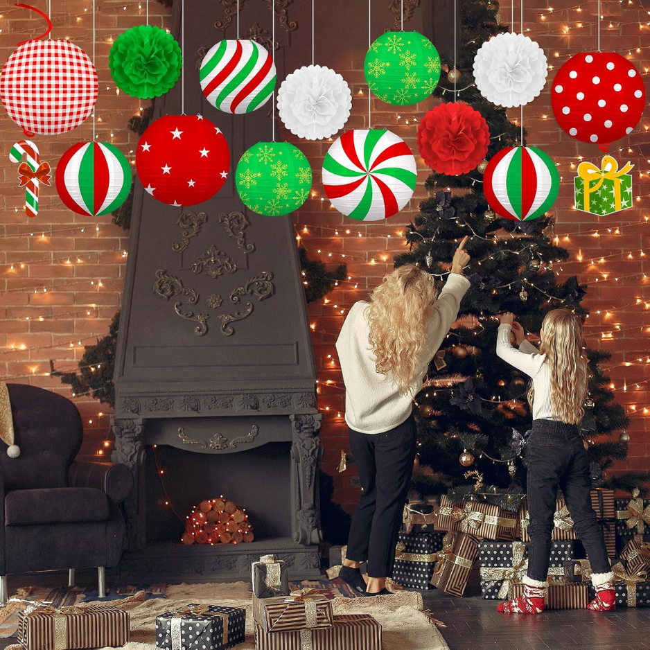 Christmas Paper Lantern and Pom Pom Set, 15 Piece Red White Green Hanging Holiday Decorations with Swirls