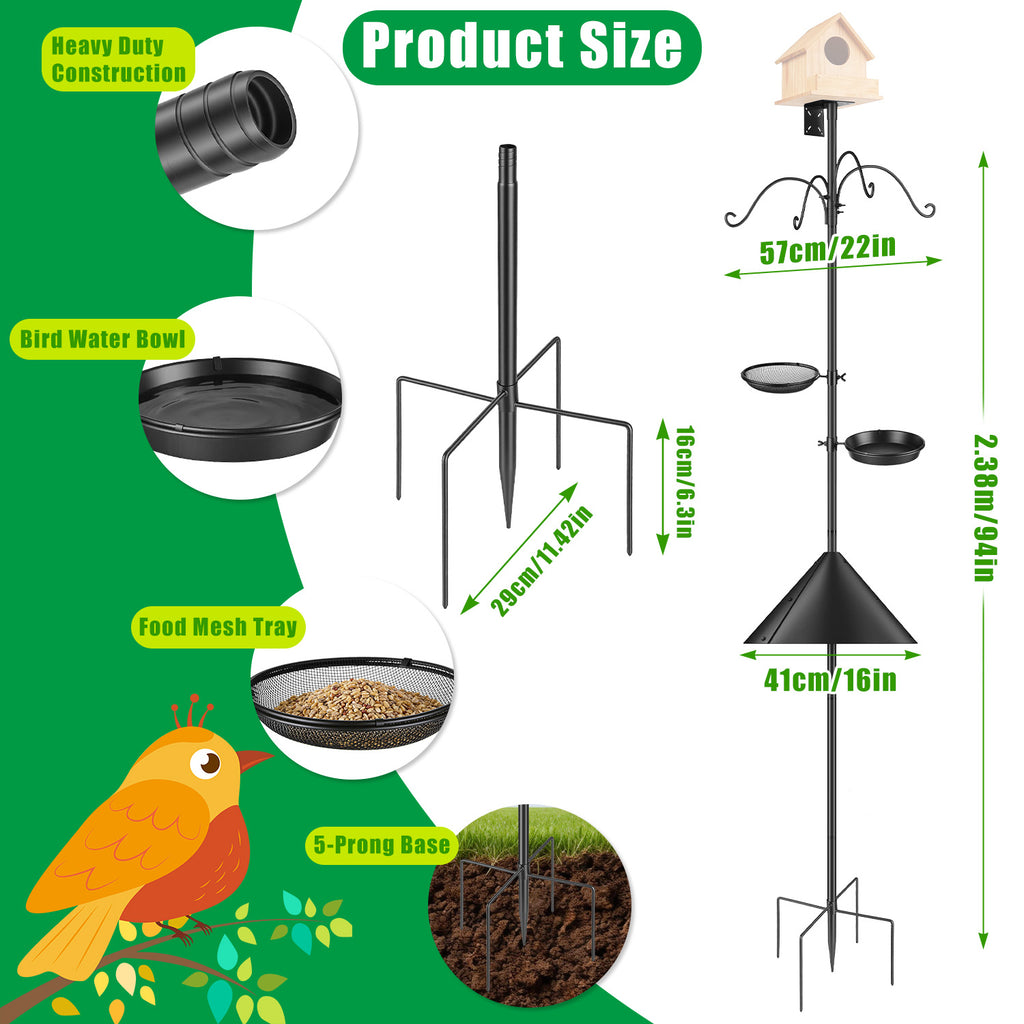 Bird Feeder Pole 94 Inch Squirrel Proof Bird Feeding Station, Black Iron Pole With 4 Shepherd Hooks, Water Bowl, Mesh Tray and 5-Prong Base