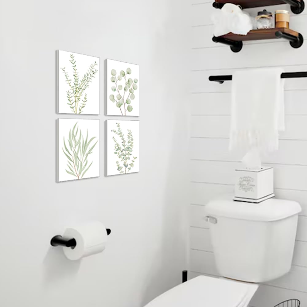 Botanical Eucalyptus Canvas Wall Art, Set of 4 Framed 8x10 Sage Green Prints for Bathroom and Bedroom