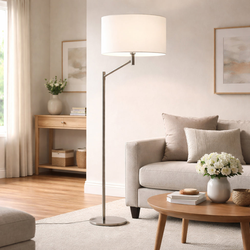 Horizon Brushed Nickel Table Lamp With Linen Shade, Curved Metal Base and On/Off Switch
