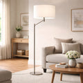 Horizon Brushed Nickel Table Lamp With Linen Shade, Curved Metal Base and On/Off Switch