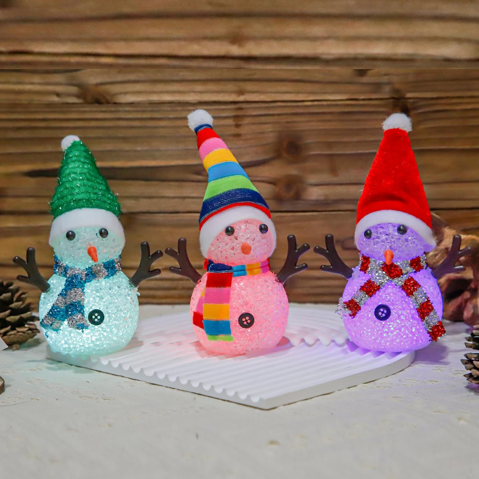 Light Up Snowman Figurines, Set of 3 Color Changing LED Christmas Decorations With Hats and Scarves