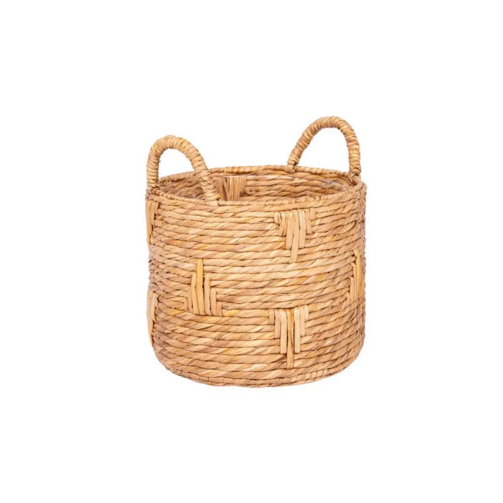 Round Bulrush Basket Planter With Handles, 12 Inch Handwoven Natural Woven Plant Basket