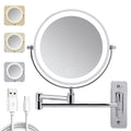 Wall Mounted Lighted Makeup Mirror, 8 Inch Double Sided 1X/10X Magnifying Vanity Mirror, Rechargeable, 3 Color Lights, Chrome
