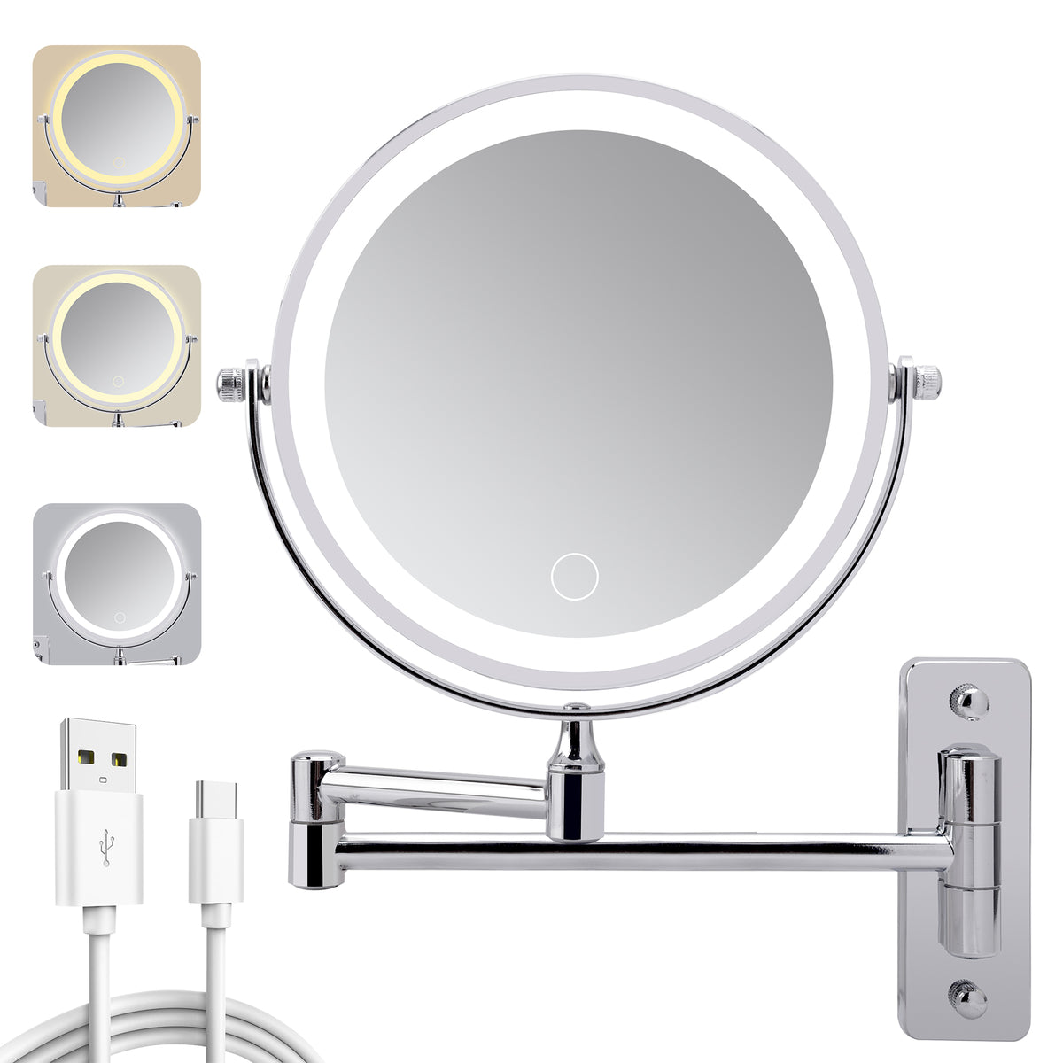 Wall Mounted Lighted Makeup Mirror, 8 Inch Double Sided 1X/10X Magnifying Vanity Mirror, Rechargeable, 3 Color Lights, Chrome