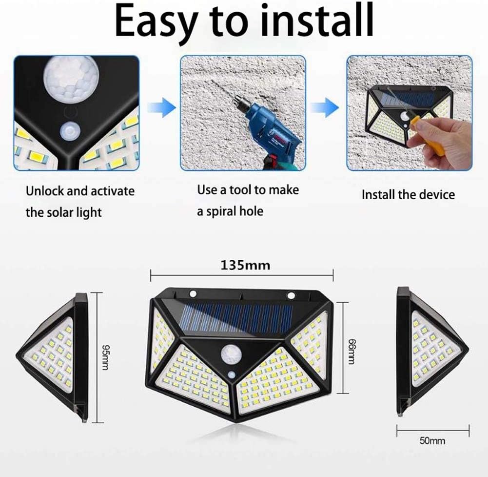 Solar Motion Sensor Outdoor Wall Lights, 100 LED Four-Side Security Light, IP65 Waterproof, 2-Pack