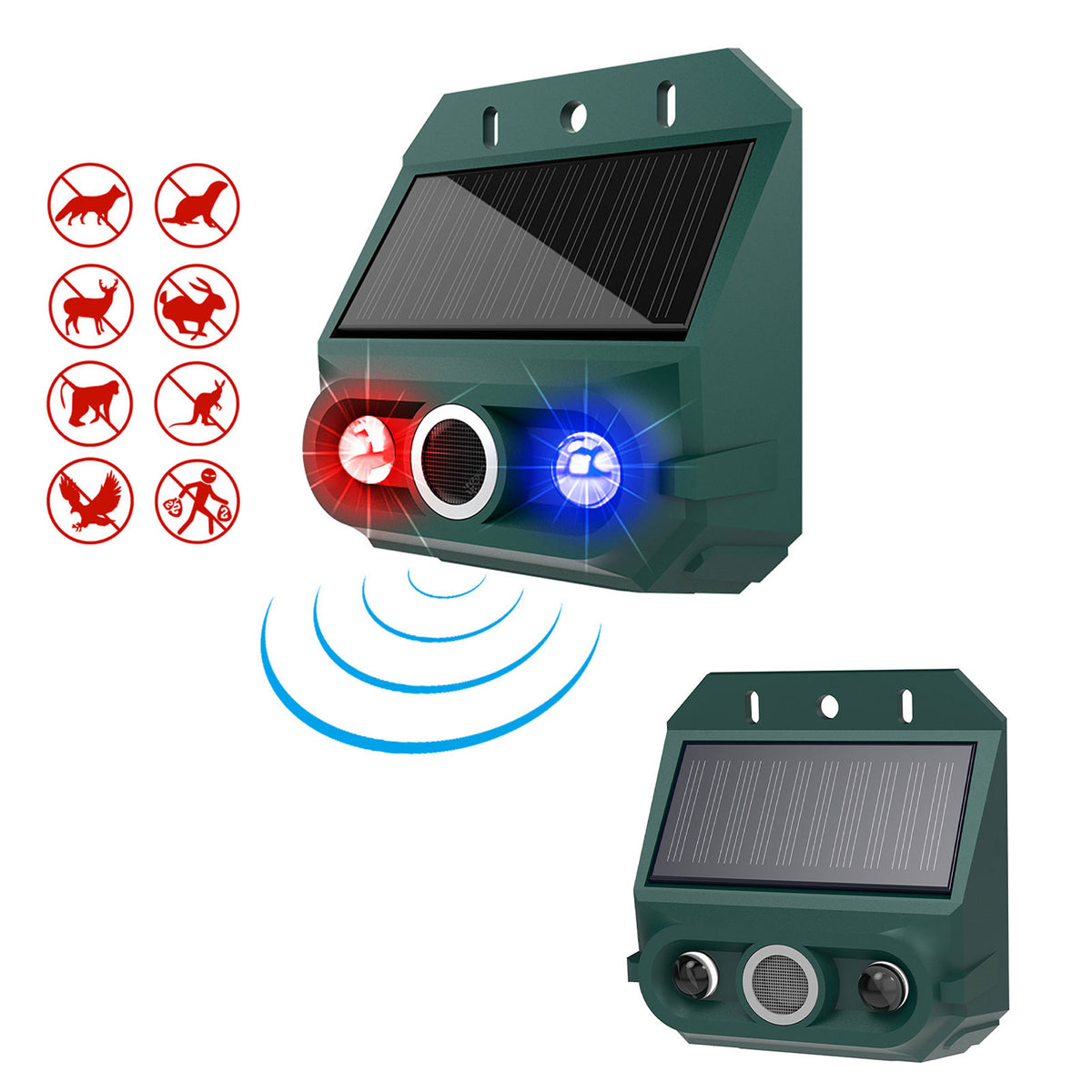 Solar Motion Sensor Animal Repeller 2 Pack, Strobe Light and 129dB Siren Outdoor Alarm for Yard, Farm, and Garden