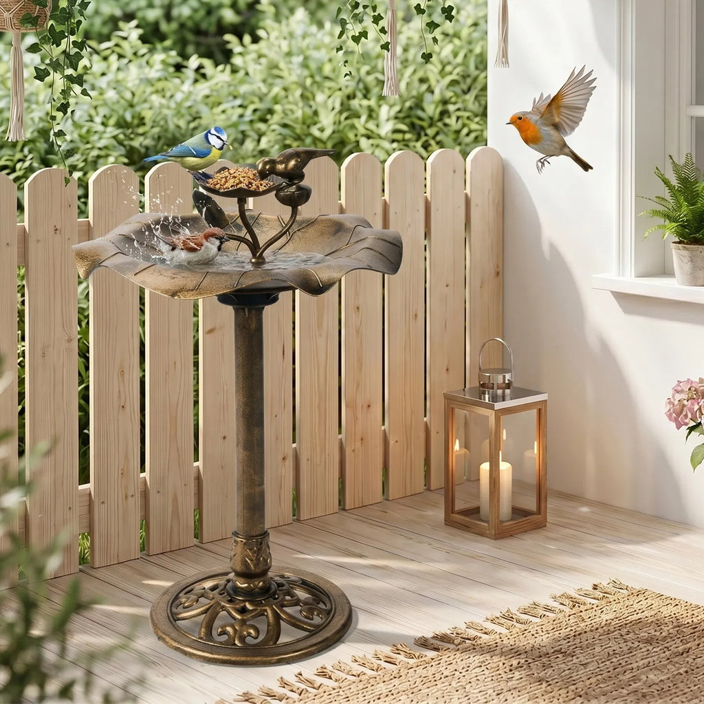 Pedestal Bird Bath with Feeder Tray, Antique Bronze Resin Lotus Leaf Basin, 50 x 50 x 86 cm Garden Birdbath