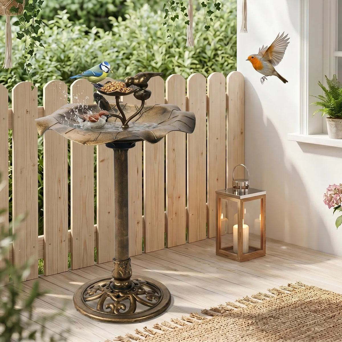 Pedestal Bird Bath with Feeder Tray, Antique Bronze Resin Lotus Leaf Basin, 50 x 50 x 86 cm Garden Birdbath