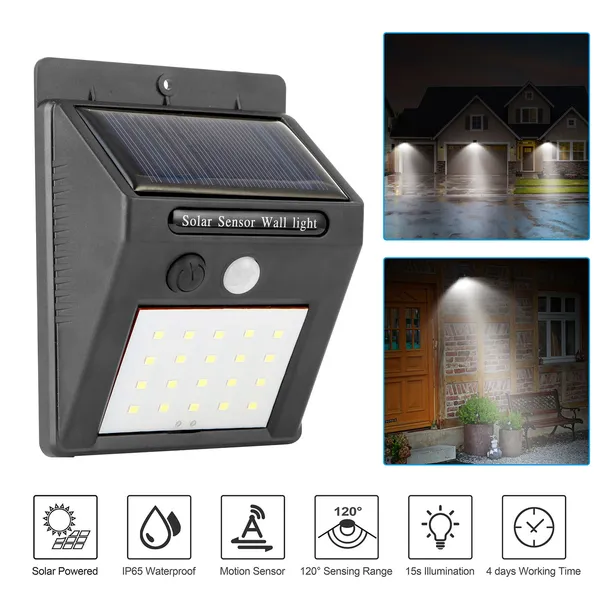 Solar Motion Sensor Outdoor Wall Light, 20 LED Black Security Lamp, IP65 Waterproof Wireless Patio Light