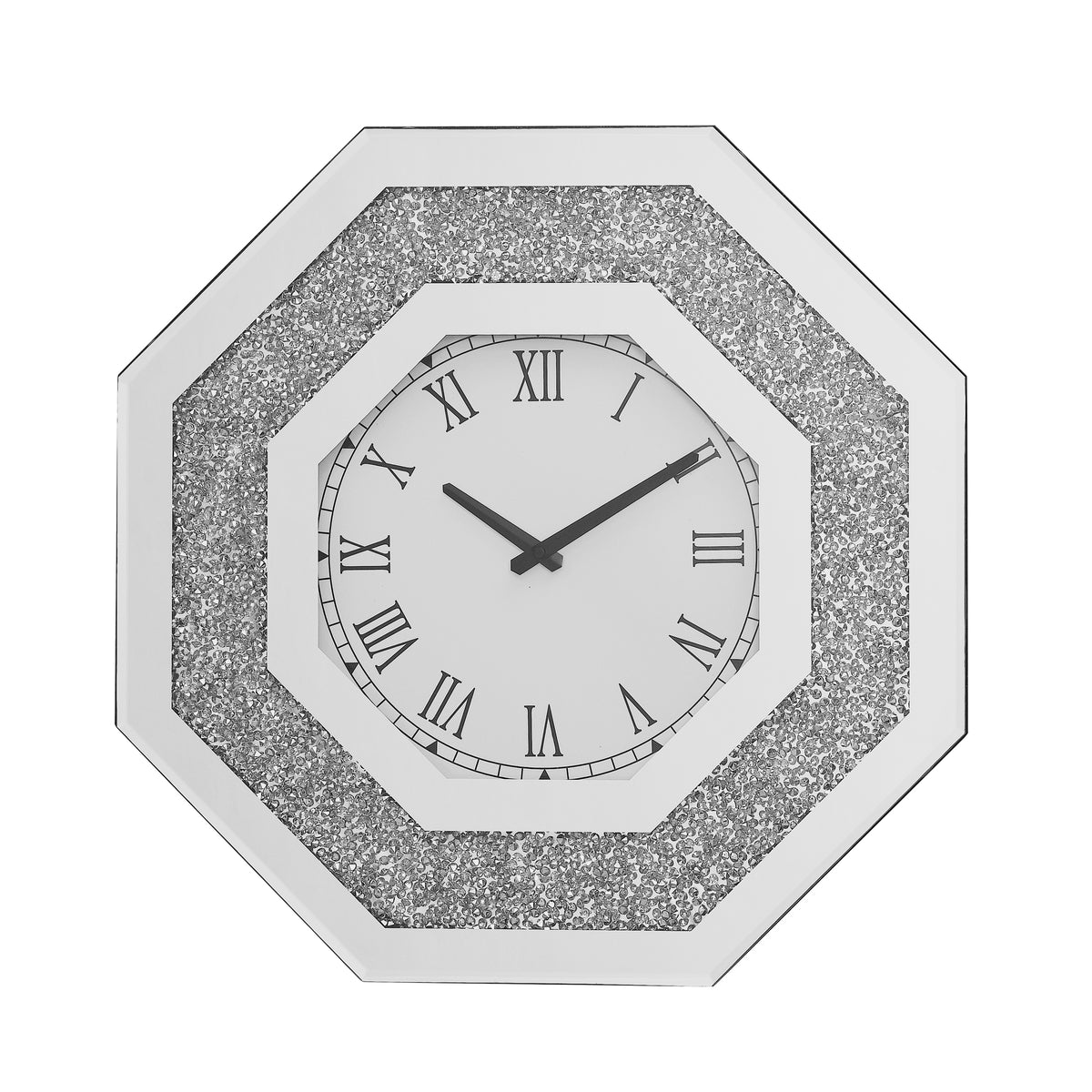 Octagonal Mirrored Wall Clock, 20 Inch Silver Faux Gemstone Glam Decor With Roman Numerals
