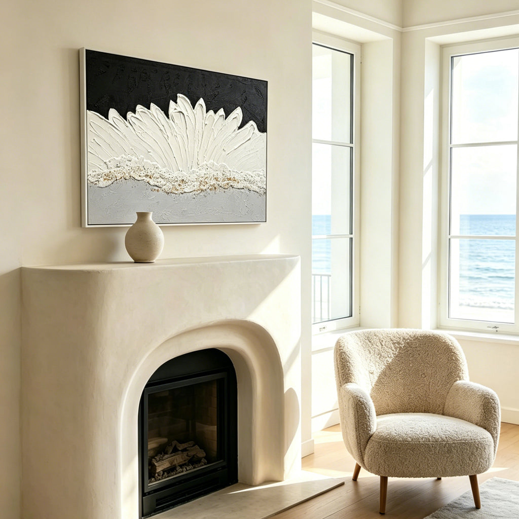 Framed Abstract Wall Art 28x40 In, Black and White Textured Canvas Painting with Grey and Gold Accents