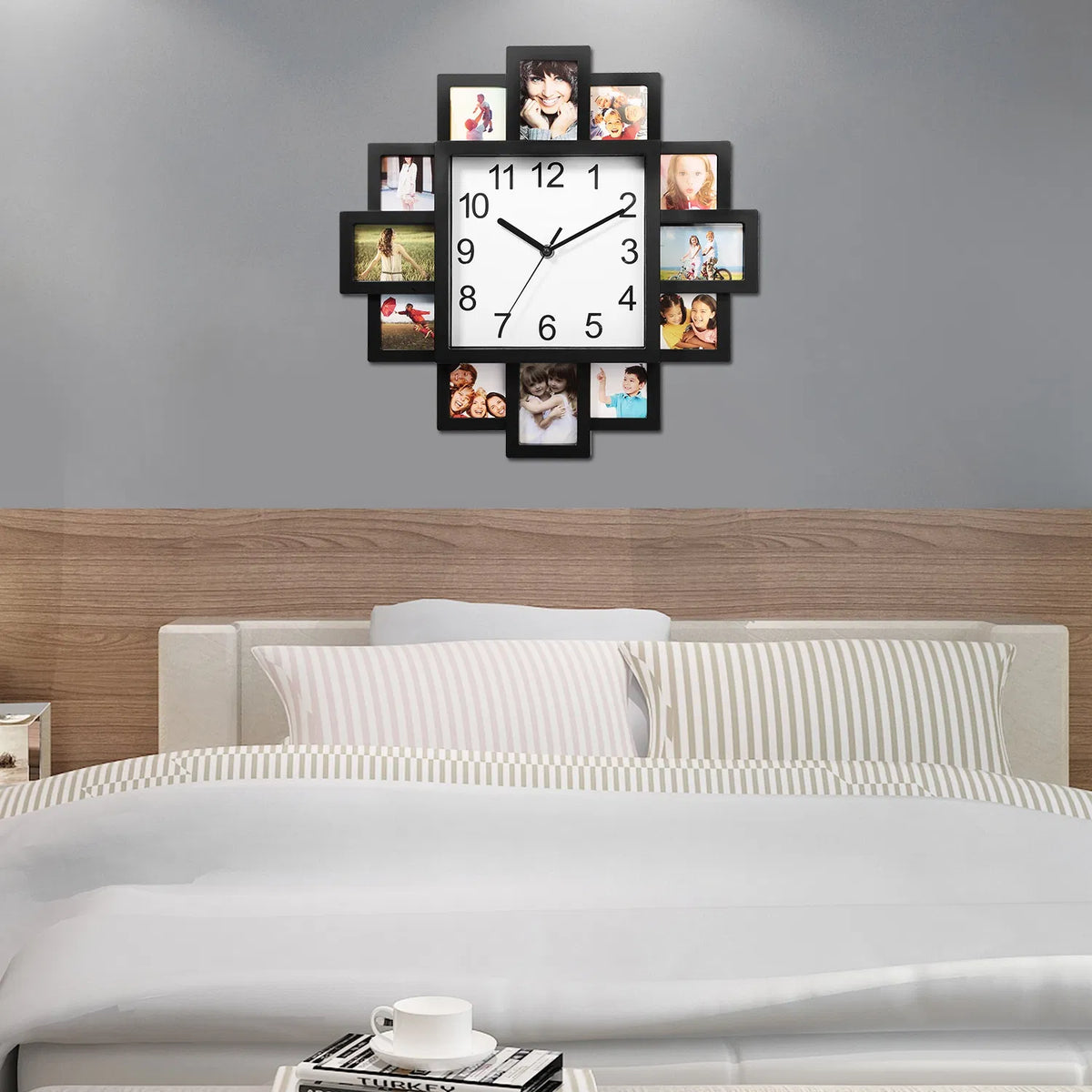 Photo Frame Wall Clock With 12 Picture Display Slots, Black ABS Collage Clock for Living Room, Bedroom, or Office, 15.35 In