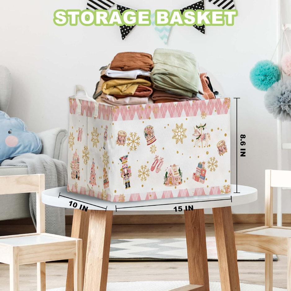 Christmas Nutcracker Storage Basket, Pink Foldable Fabric Bin With Handles, 15 x 10 x 8.6 In Large Square Laundry Hamper