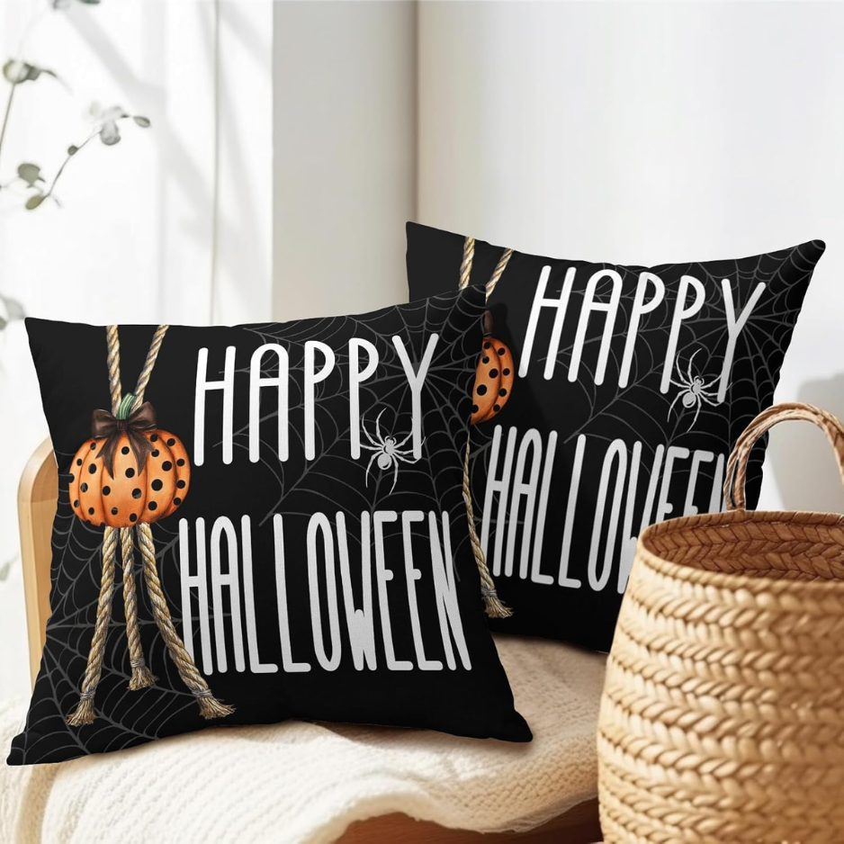 Happy Halloween Pillow Covers 18x18 Inch, Set of 2 Black Pumpkin Spider Web Cotton Linen Throw Pillow Cases
