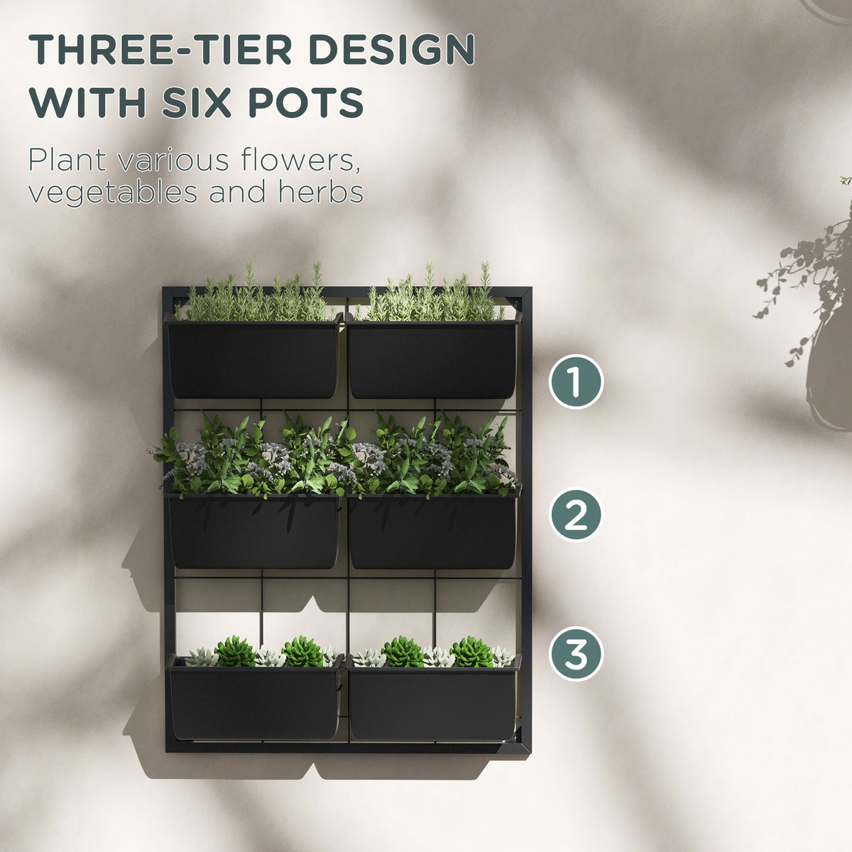 3-Tier Wall Mounted Planter With 6 Self-Draining Pots, Black Steel Vertical Garden For Indoor And Outdoor Herbs