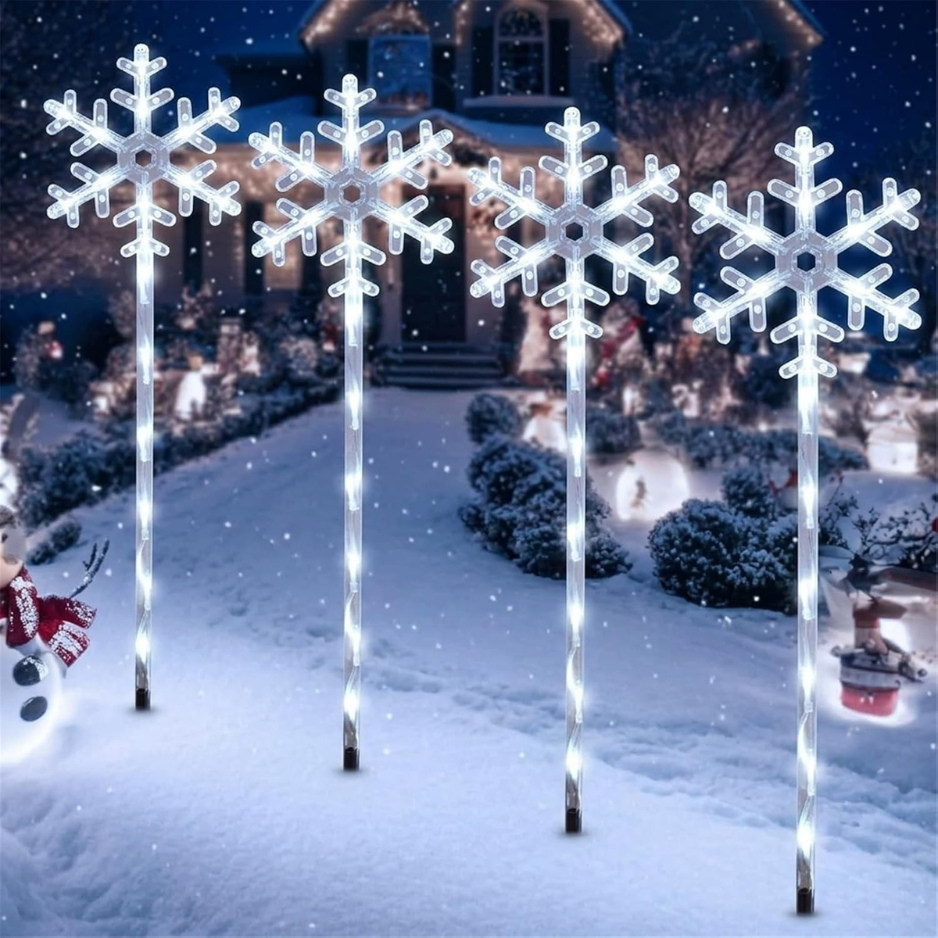 Solar Snowflake Pathway Lights, 4 Pack White LED Christmas Stake Lights for Yard and Walkway