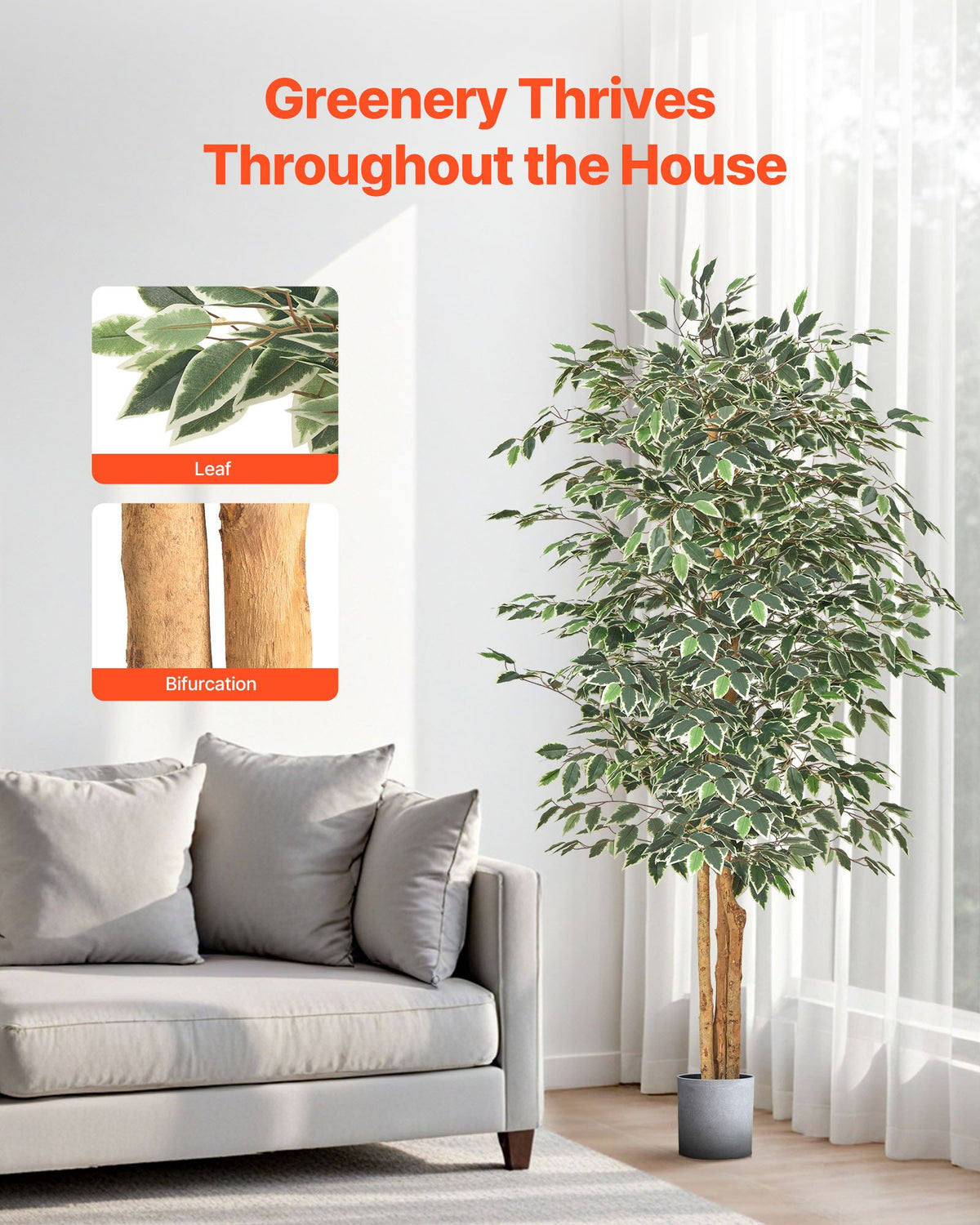 6 Ft Artificial Ficus Tree, Tall Faux Plant With Black Pot for Indoor Decor