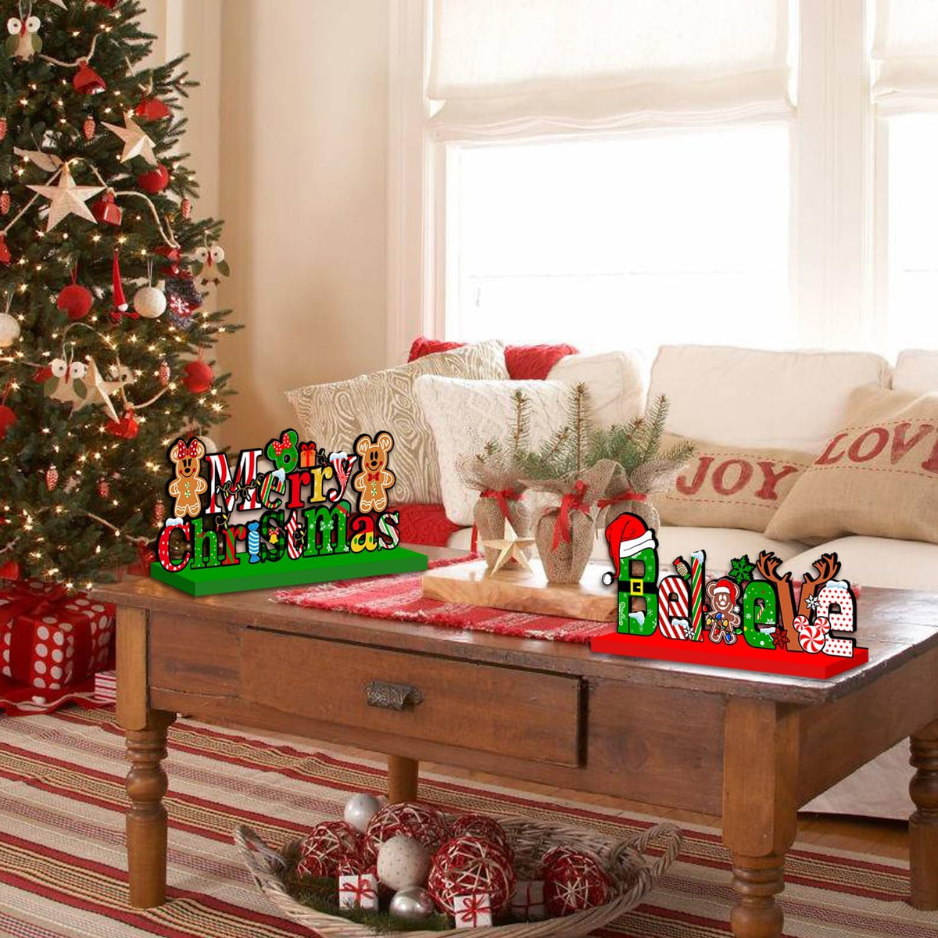 Christmas Wooden Table Signs, Set of 4 Holiday Centerpiece Decorations in Red and Green