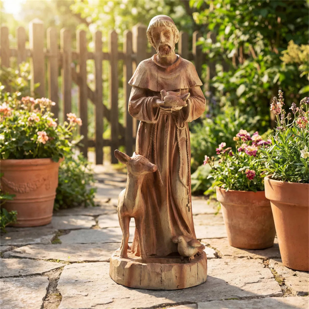 Saint Francis Garden Statue With Built-In Bird Feeder, 24.5" Brown Magnesium Oxide Outdoor Sculpture