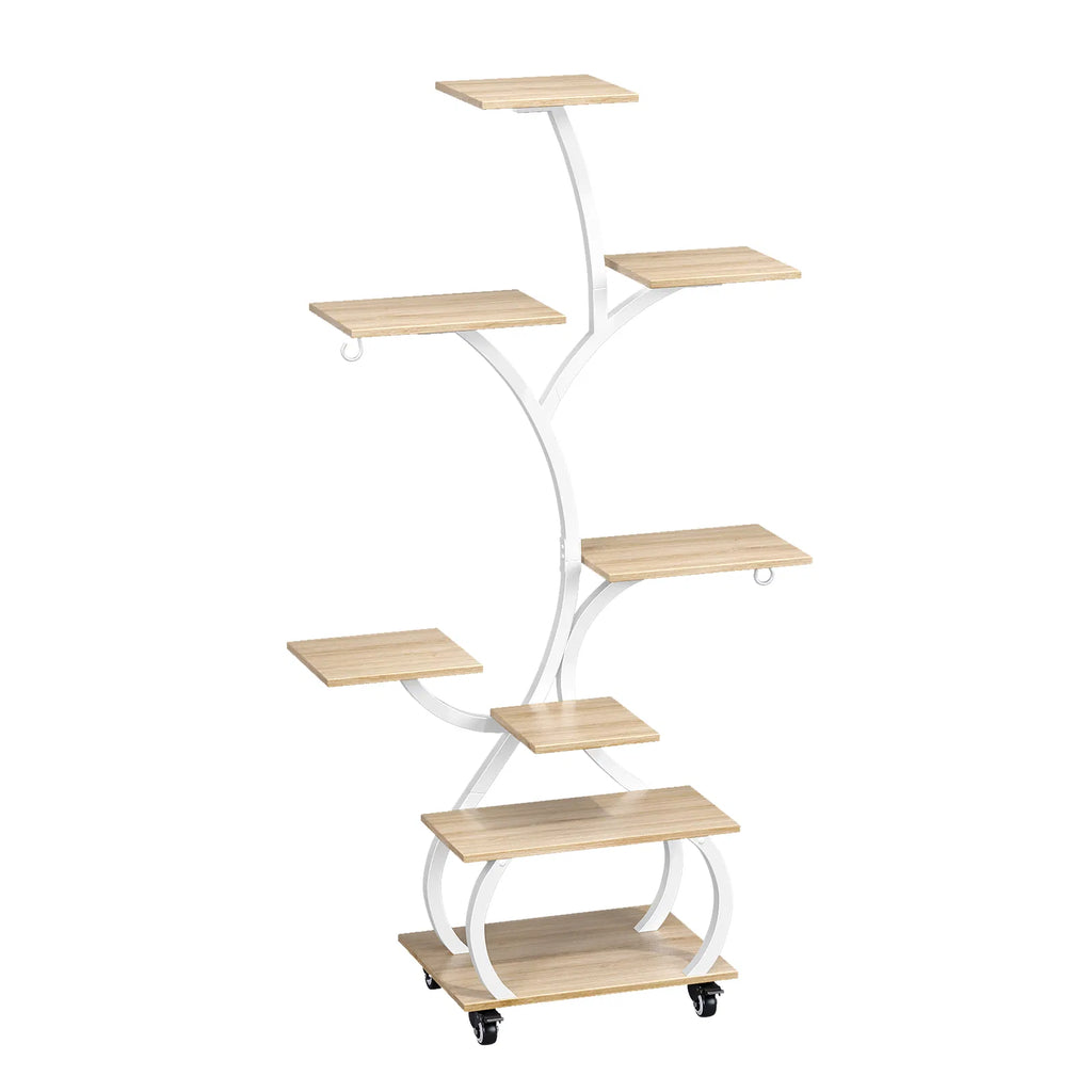 Tree Shaped Plant Stand with Full Spectrum LED Grow Light, White Metal 8-Tier Indoor Plant Shelf with Lockable Wheels, 48 Inches