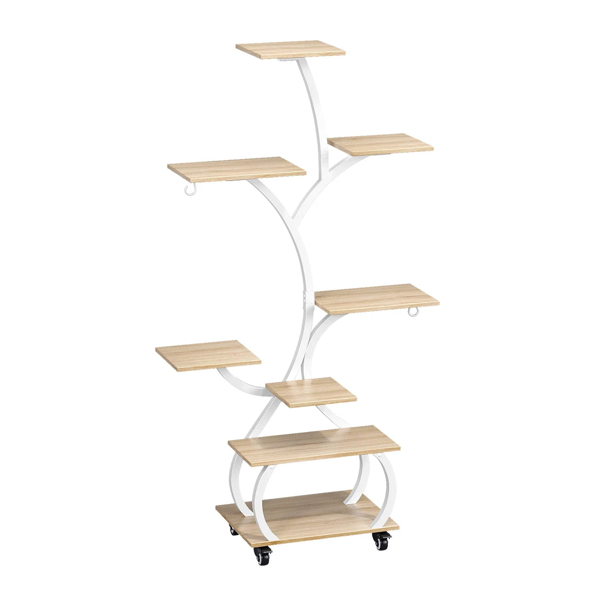 Tree Shaped Plant Stand with Full Spectrum LED Grow Light, White Metal 8-Tier Indoor Plant Shelf with Lockable Wheels, 48 Inches