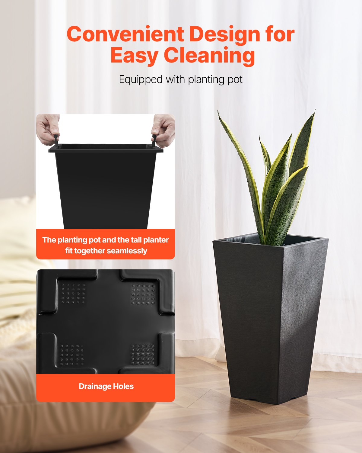 Tall Outdoor Planters Set of 2, 22 Inch Black Square Plant Pots With Built-In Drainage for Porch, Patio, and Indoor Plants