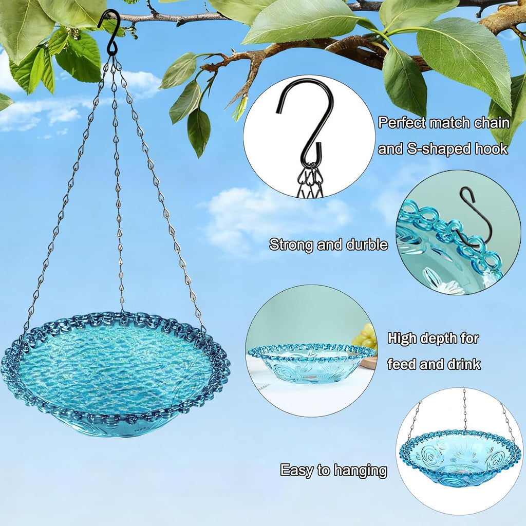 Hanging Bird Bath and Feeder Bowl, Embossed Floral Plastic Birdbath With Metal Chain for Garden and Yard, Grey or Purple