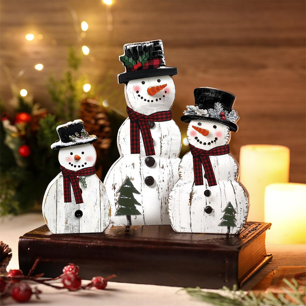 Wooden Snowman Christmas Decorations, Set of 3 Rustic Tabletop Figurines With Plaid Scarves for Mantel and Shelf