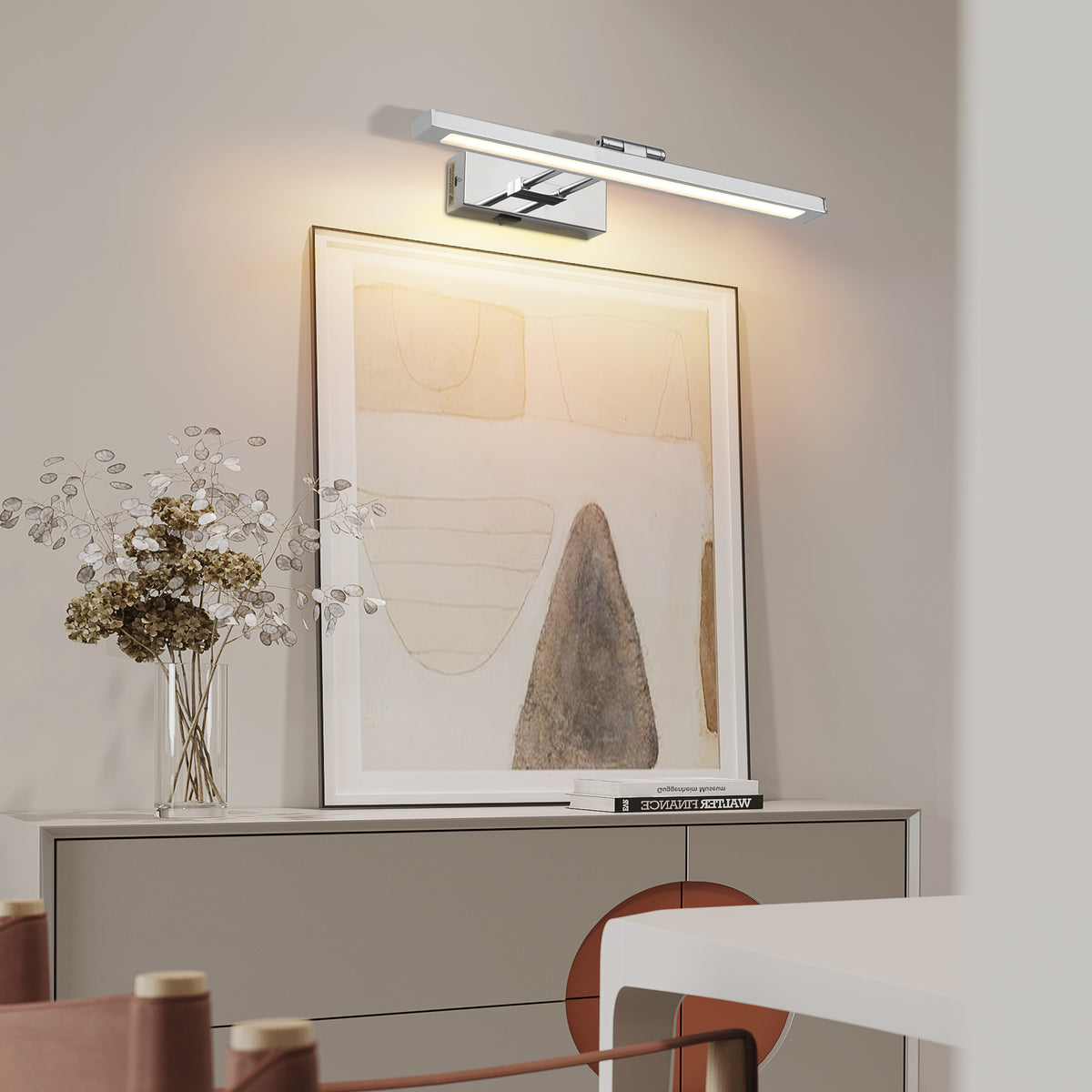 Battery Picture Light, 16 Inch Wireless LED Art Light With Remote, Chrome Metal Rechargeable Wall Sconce for Paintings and Photo Frames