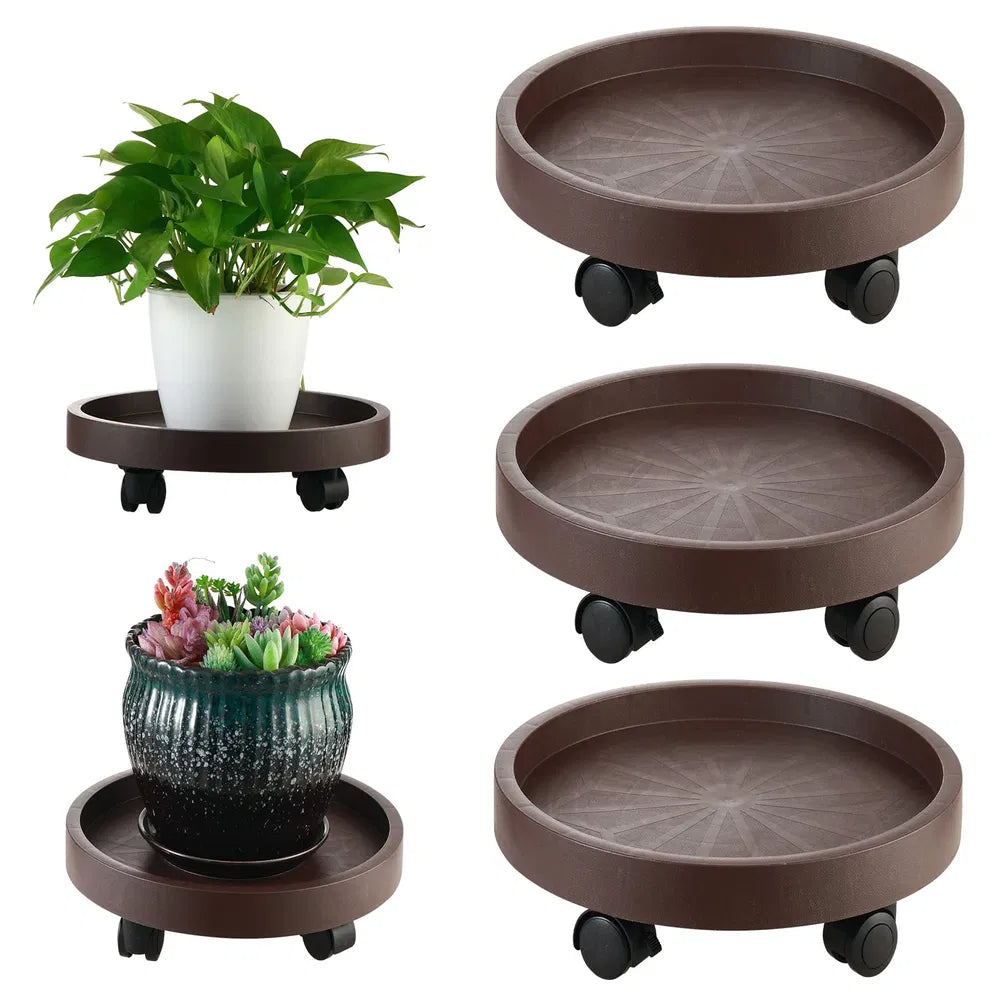 Rolling Plant Caddy With Locking Casters, 8 Pack, 12.2 Inch Round Brown Plant Dolly for Indoor and Outdoor Pots
