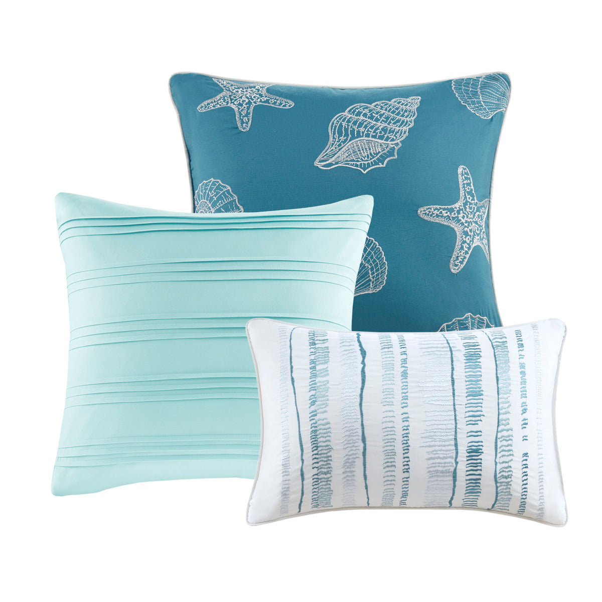 6 Piece Printed Quilt Set With Throw Pillows, Aqua Coastal Cotton Bedding, Full/Queen