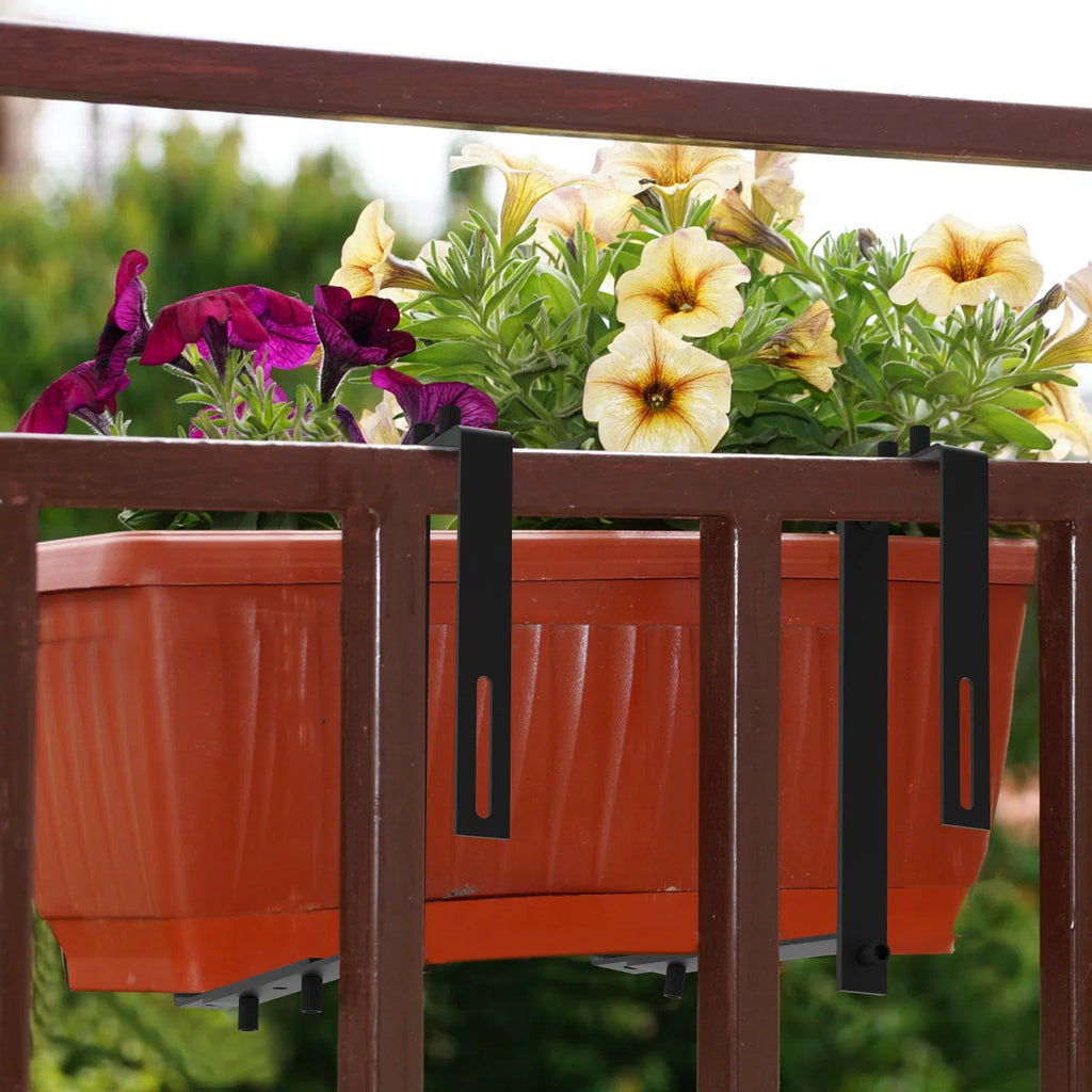 Adjustable Planter Box Brackets, Set of 4 Black Iron Railing Hangers for Window Boxes, Deck and Balcony Rails, Holds 45 lbs