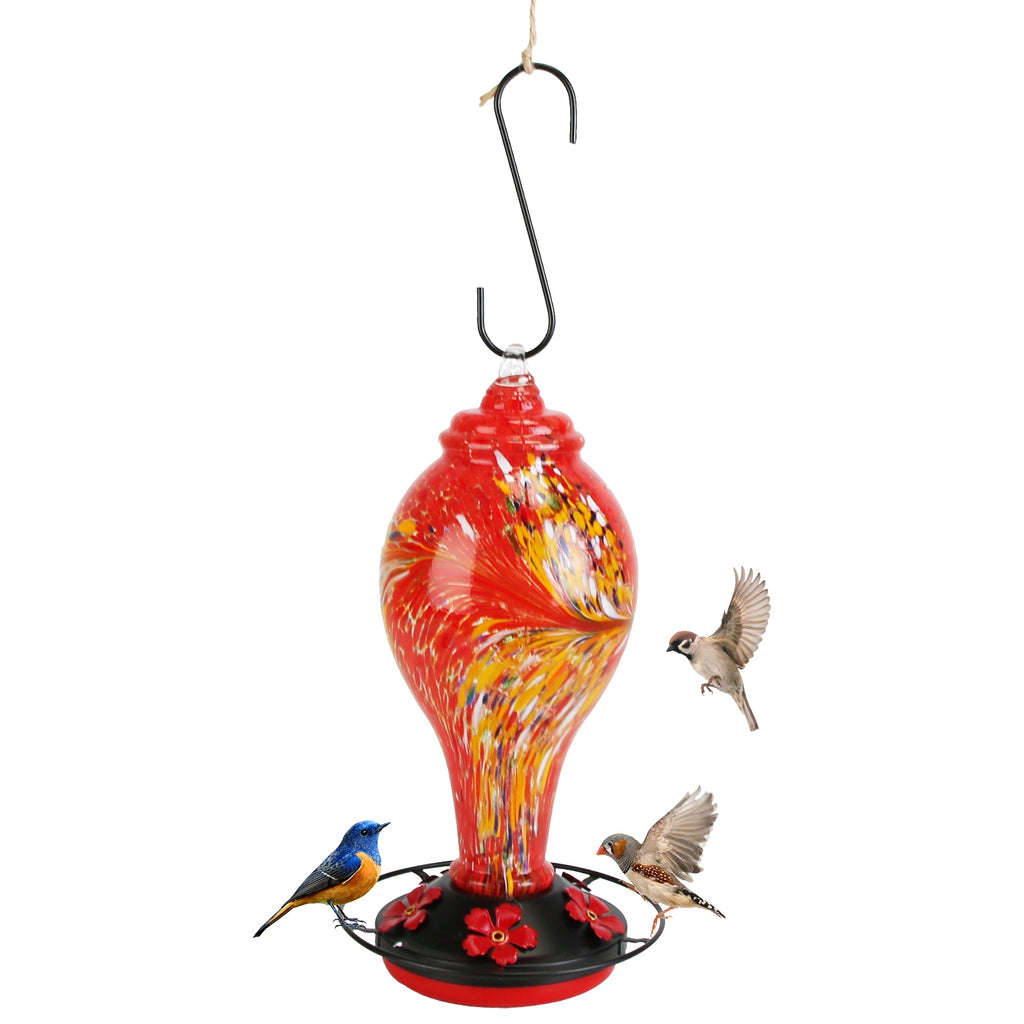 Hand Blown Glass Hummingbird Feeder, 33 oz With 5 Flower Feeding Ports, Perch, Ant Moat Hook and Cleaning Brush