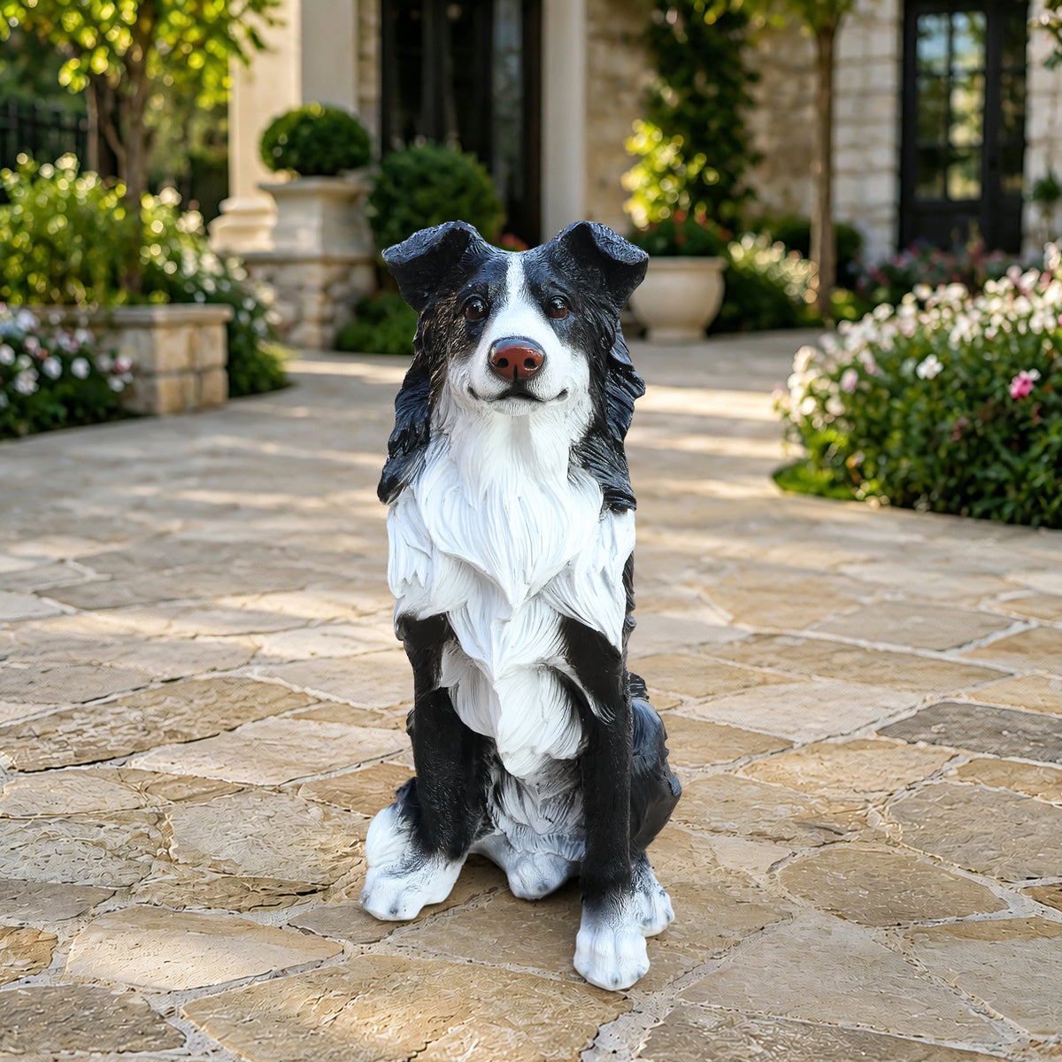 Border Collie Dog Statue, Black and White Resin Garden Greeter Sculpture, 17 in Tall Indoor Outdoor Decor