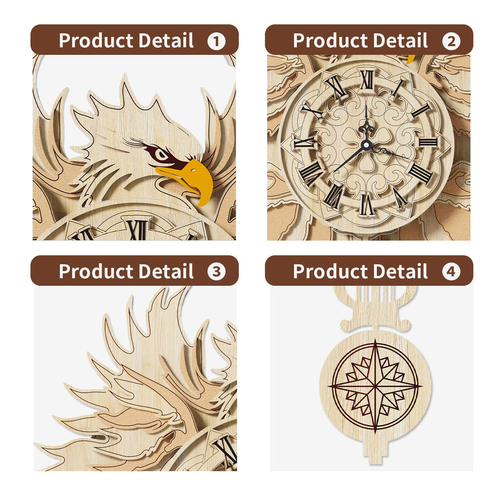 Hawk Wooden Wall Clock 3D Puzzle Kit, Eagle Pendulum Clock Wall Decor