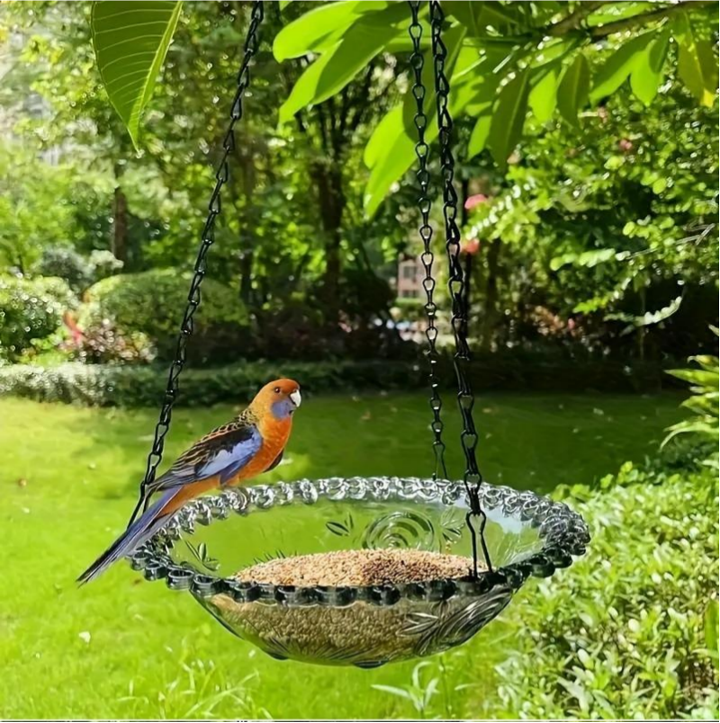 Hanging Bird Bath and Feeder Bowl, Embossed Floral Plastic Birdbath With Metal Chain for Garden and Yard, Grey or Purple