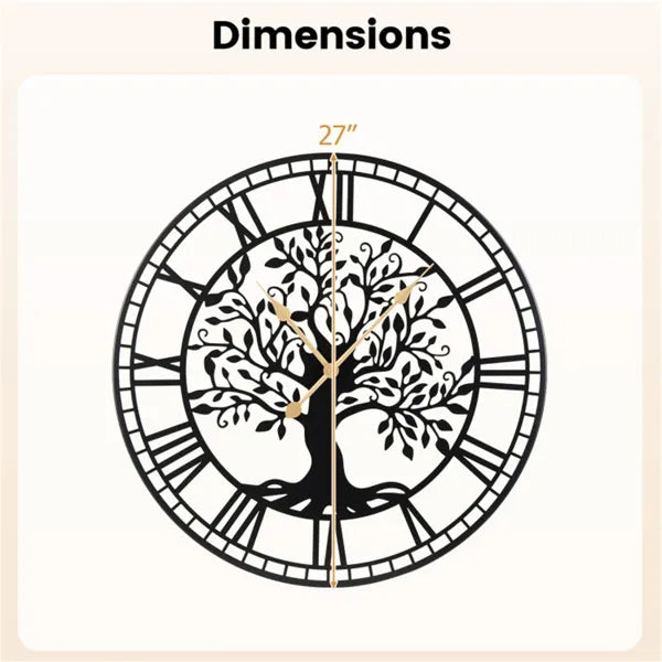 Tree of Life Wall Clock, 27" Black Metal Round Silent Non-Ticking Roman Numeral Clock