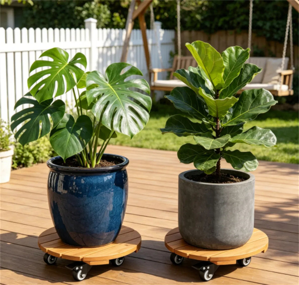 Rolling Plant Caddy Set of 4, 12" Round Acacia Wood Plant Stands With Locking Wheels, Natural Finish