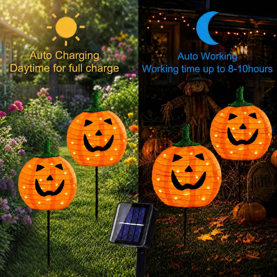 Solar Halloween Pumpkin Stake Lights, 2 Pack 12 Inch LED Jack O Lantern Outdoor Pathway Decorations, Orange