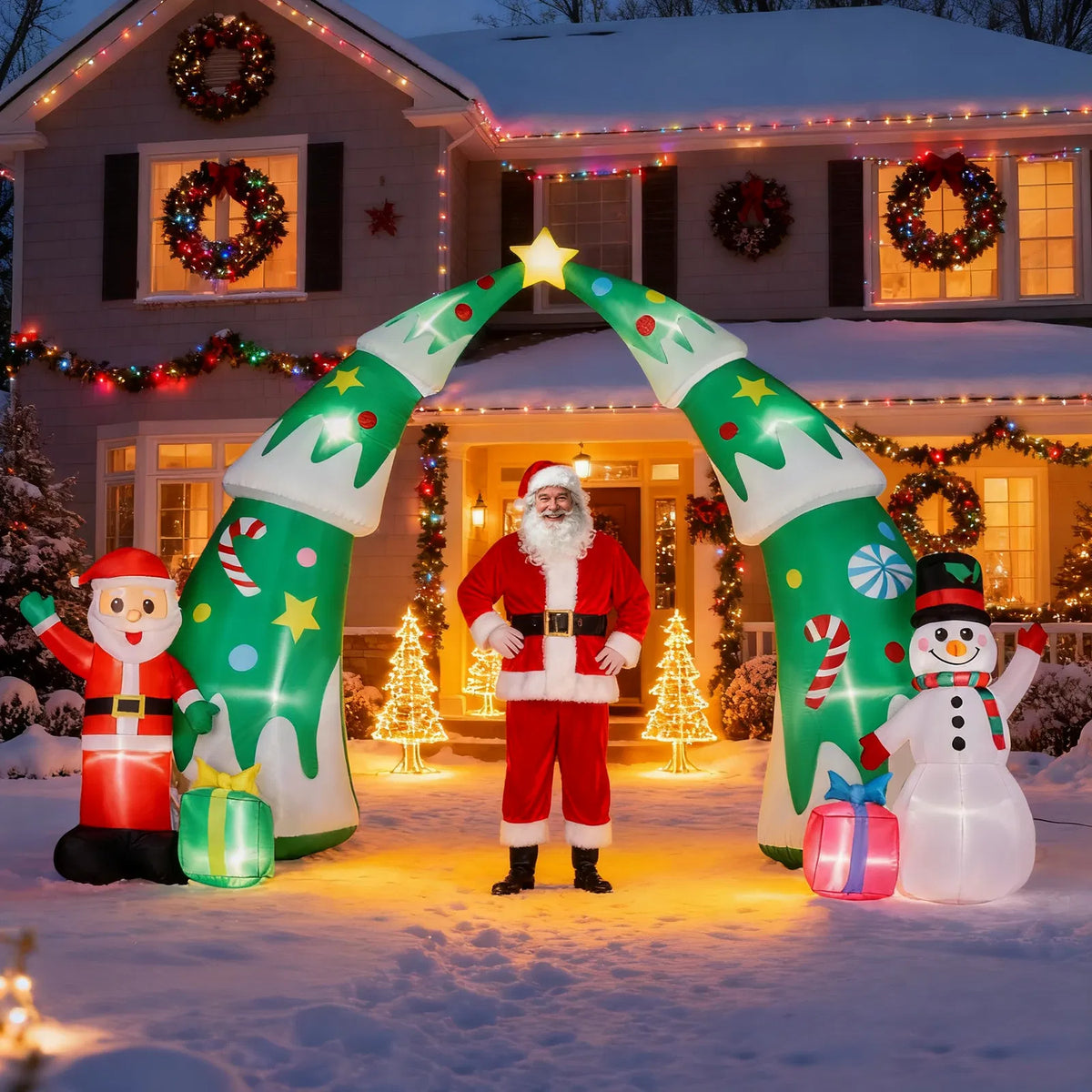 15 Ft Lighted Christmas Inflatable Archway With Santa and Snowman, Blow Up Christmas Tree Arch Yard Decoration