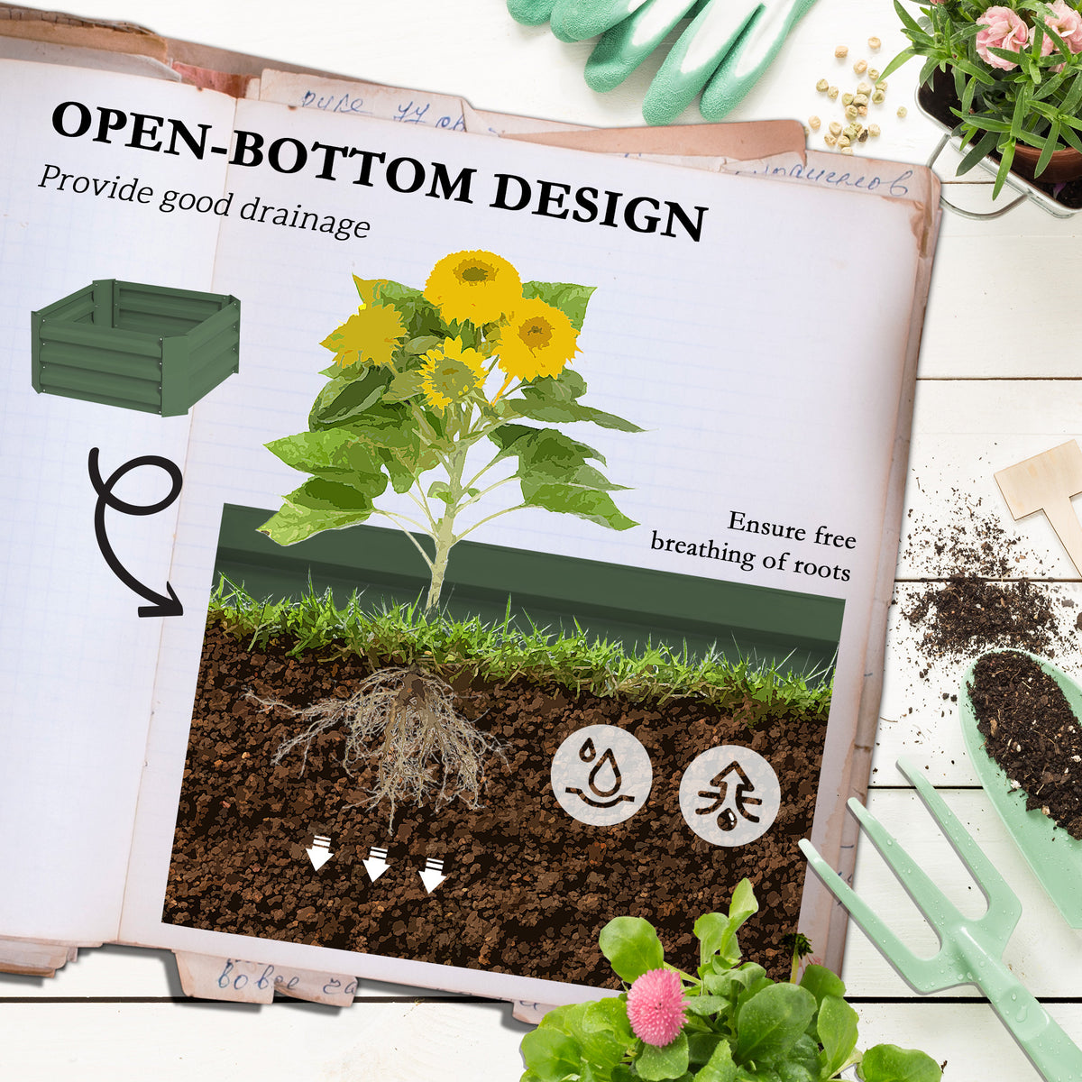 Galvanized Raised Garden Bed With Tomato Cage Trellis, 24" x 24" x 55" Green Metal Planter Box for Climbing Vines
