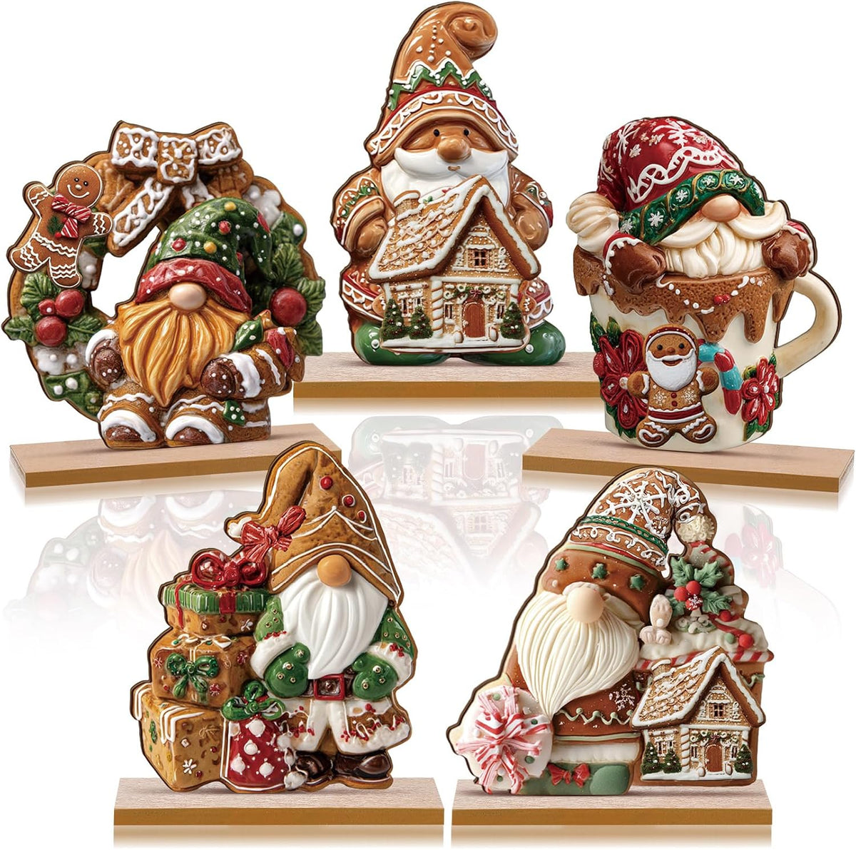 Gingerbread Christmas Table Decorations, 5 Pack Wooden Gnome Centerpieces With Bases for Home and Tray Decor