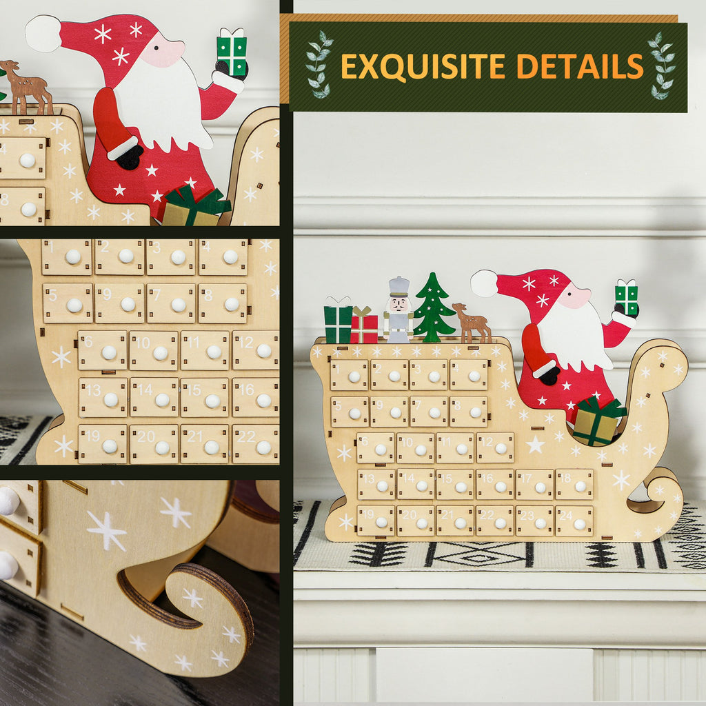 Wooden Christmas Advent Calendar with 24 Countdown Drawers, Santa Sleigh Holiday Decor, Natural