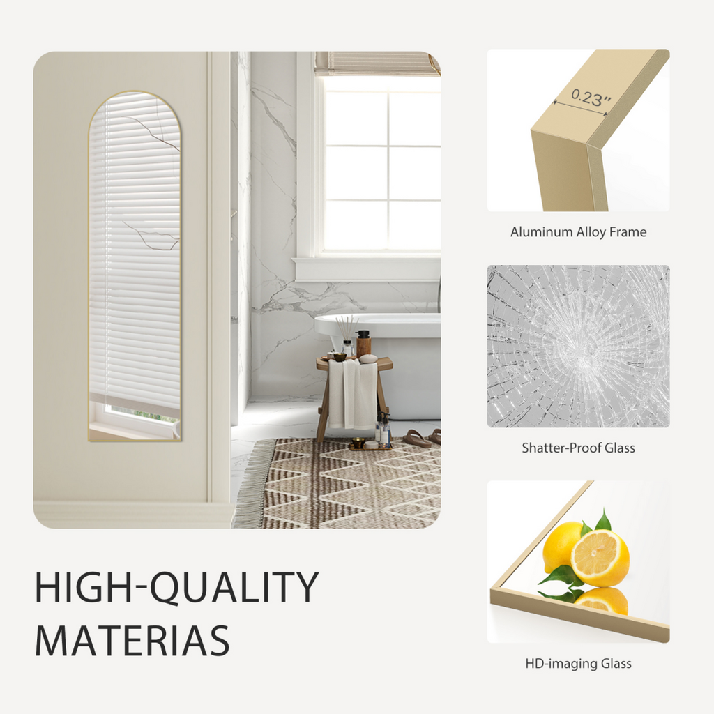 Full Length Arch Mirror, 56 x 15 Inch Gold Aluminum Frame Floor Standing Mirror